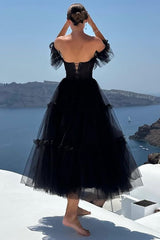 Black Homecoming Dresses A-Line Corset Ruffled Tulle Prom Dress