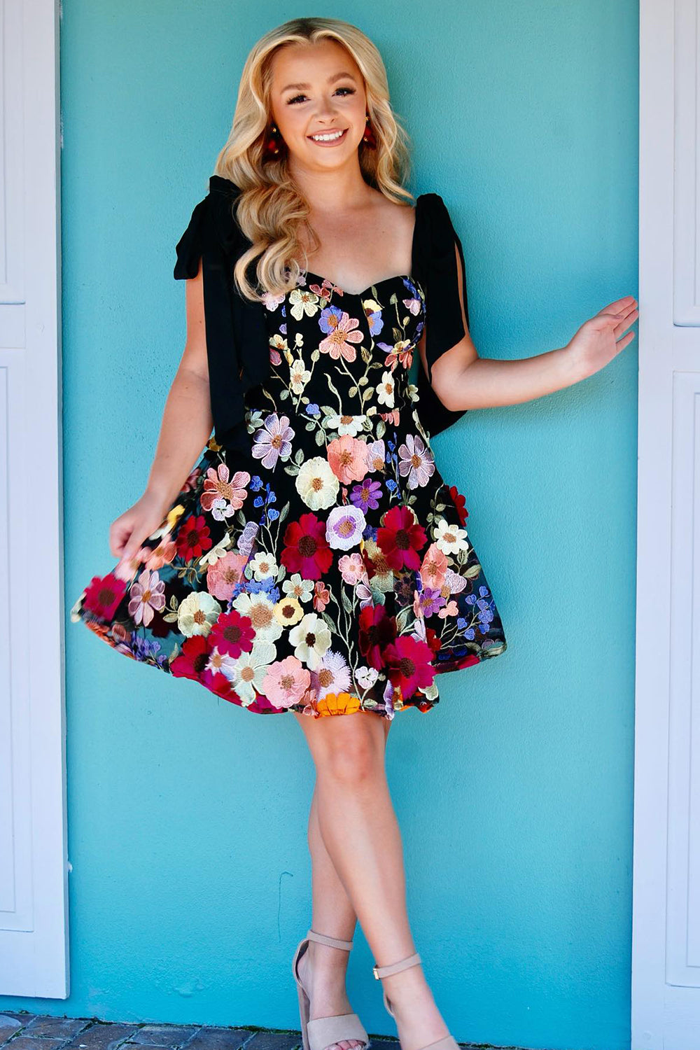 Black Homecoming Dresses A Line Flower Print Short Cocktail Dresses