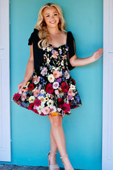 Black Homecoming Dresses A Line Flower Print Short Cocktail Dresses
