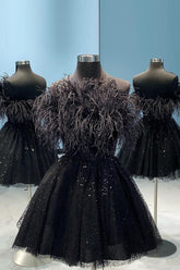 Black Homecoming Dresses A-Line Strapless Prom Dress with Feathers