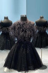 Black Homecoming Dresses A-Line Strapless Prom Dress with Feathers