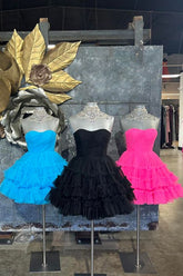 Black Homecoming Dresses A-Line Sweetheart Tulle Tiered Corset Short Cocktail Dresses