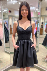 Black Homecoming Dresses Beaded A-Line Corset Short Cocktail Dresses with Pockets