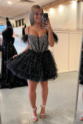 Black Homecoming Dresses Beaded Corset Ruffled Short Cocktail Dresses With Feathers