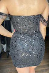 Black Homecoming Dresses Beaded Corset Sequin Fringed Tight Prom Dress