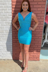 Black Homecoming Dresses Beaded V-Neck Backless Tight Short Cocktail Dresses