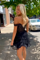 Black Homecoming Dresses Corset Ruffled Short Cocktail Dresses With Lace
