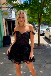 Black Homecoming Dresses Corset Ruffled Short Cocktail Dresses With Lace