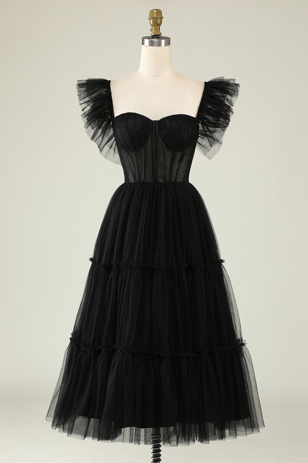 Black Homecoming Dresses Corset Ruffled Tulle Prom Dress