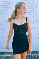 Black Homecoming Dresses Corset Satin Tight Short Cocktail Dresses with Sequin