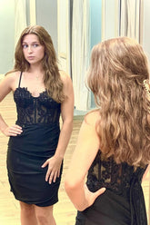 Black Homecoming Dresses Corset Spaghetti Straps Tight Short Cocktail Dresses with Lace