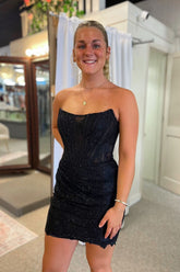 Black Homecoming Dresses Corset Strapless Tight Short Cocktail Dresses