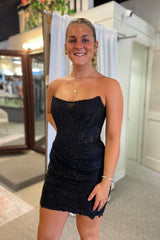 Black Homecoming Dresses Corset Strapless Tight Short Cocktail Dresses