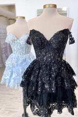 Black Homecoming Dresses Corset Tiered Lace A-Line Short Cocktail Dresses