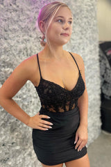 Black Homecoming Dresses Corset Tight Short Cocktail Dresses With Appliques