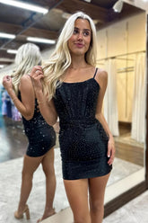 Black Homecoming Dresses Corset Tight Short Cocktail Dresses with Lace