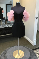 Black Homecoming Dresses Corset Tight Short Cocktail Dresses with Puff Sleeves