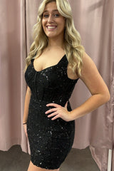 Black Homecoming Dresses Corset Tight Short Sequin Prom Dress