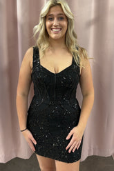 Black Homecoming Dresses Corset Tight Short Sequin Prom Dress