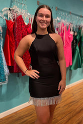 Black Homecoming Dresses Halter Open Back Tight Short Cocktail Dresses with Fringes