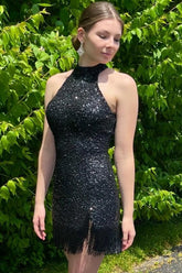 Black Homecoming Dresses Halter Sequin Tight Prom Dress