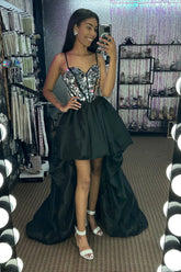 Black Homecoming Dresses High Low Satin A-Line Mirror Prom Dress