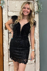 Black Homecoming Dresses Lace Tight Short Cocktail Dresses with Feathers