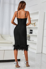 Black Homecoming Dresses Midi Bodycon Party Dress with Feathers