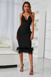 Black Homecoming Dresses Midi Bodycon Party Dress with Feathers