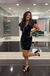 Black Homecoming Dresses Mirror Tight Short Cocktail Dresses With Puff Sleeves