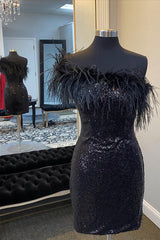 Black Homecoming Dresses One Shoulder Sequin Short Cocktail Dresses with Feathers