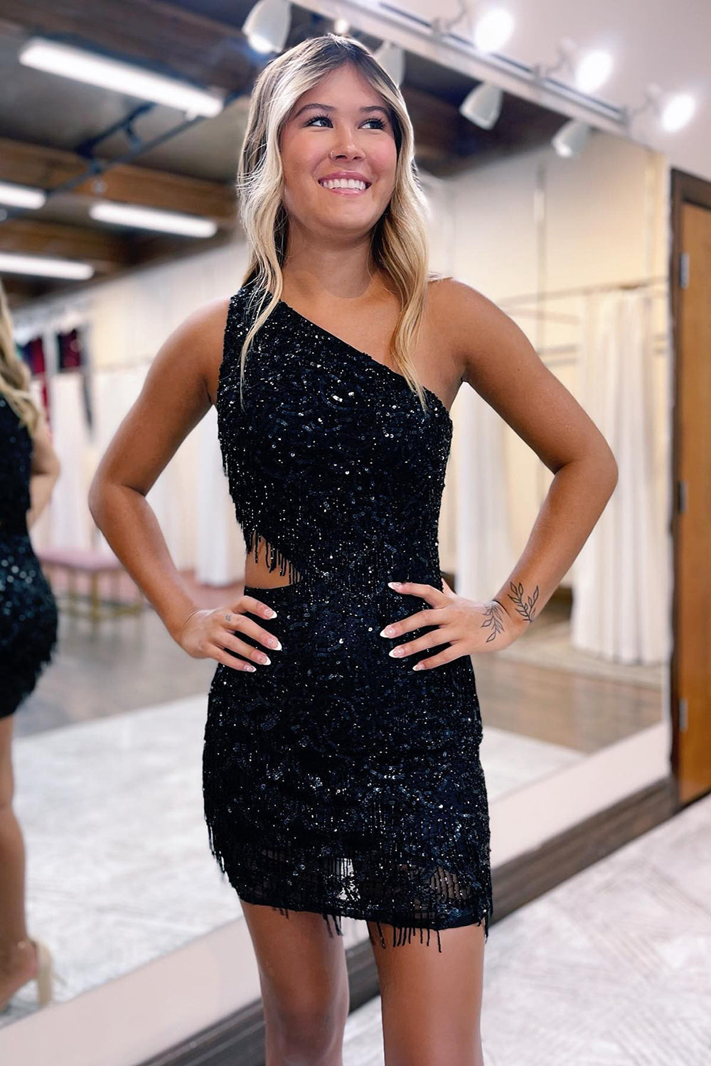 Black Homecoming Dresses Sequin Beaded One Shoulder Tight Prom Dress