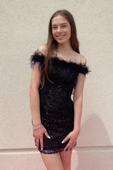 Black Homecoming Dresses Sequin Feathered Tight Short Cocktail Dresses