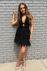 Black Homecoming Dresses Sequin Feathers A-Line Short Cocktail Dresses
