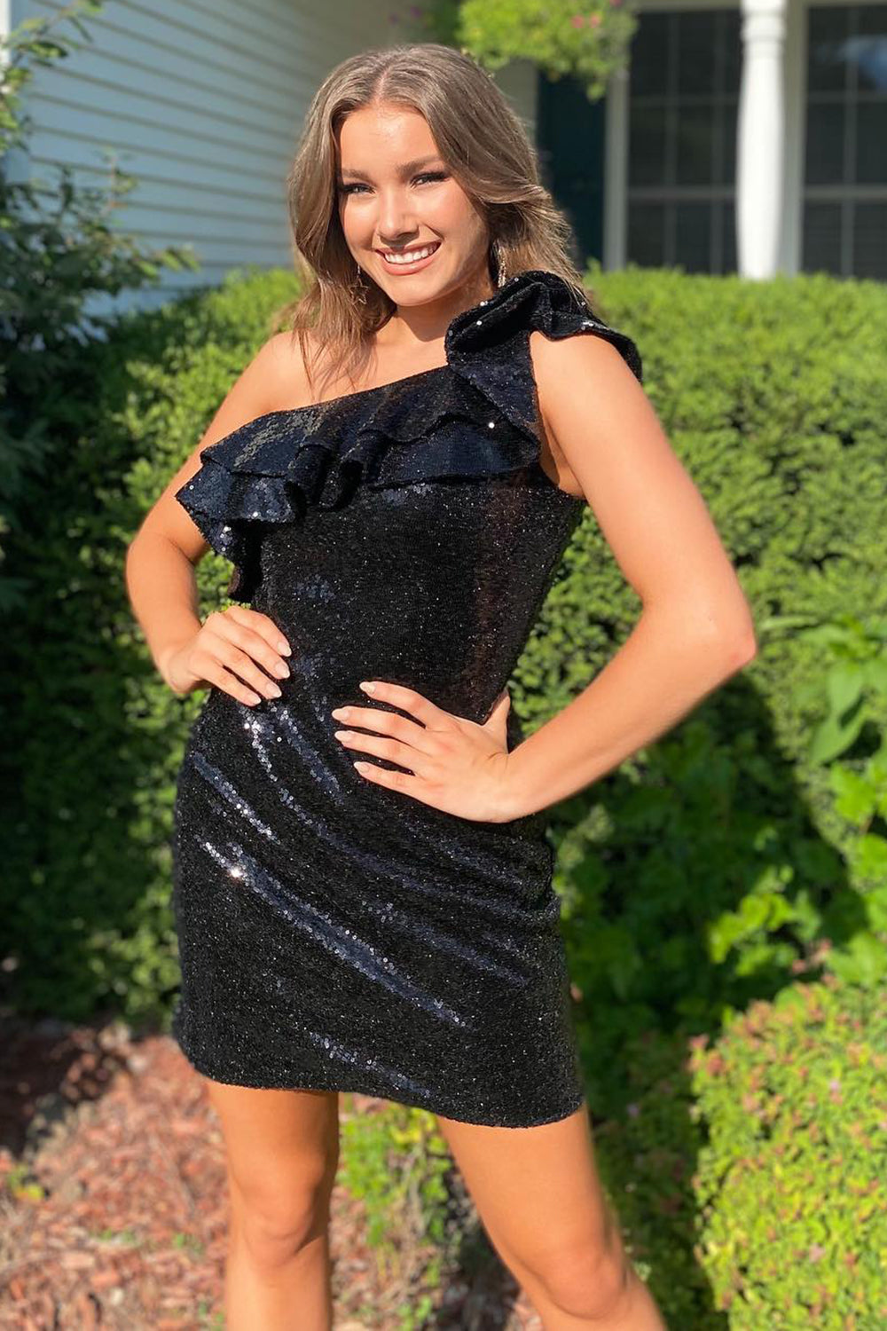 Black Homecoming Dresses Sequin One Shoulder Prom Dress