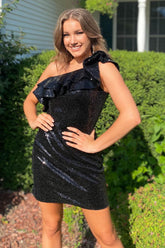 Black Homecoming Dresses Sequin One Shoulder Prom Dress