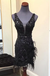 Black Homecoming Dresses Sequin V-Neck Backless Tight Short Cocktail Dresses with Feathers