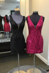 Black Homecoming Dresses Sequin V-Neck Tight Short Cocktail Dresses