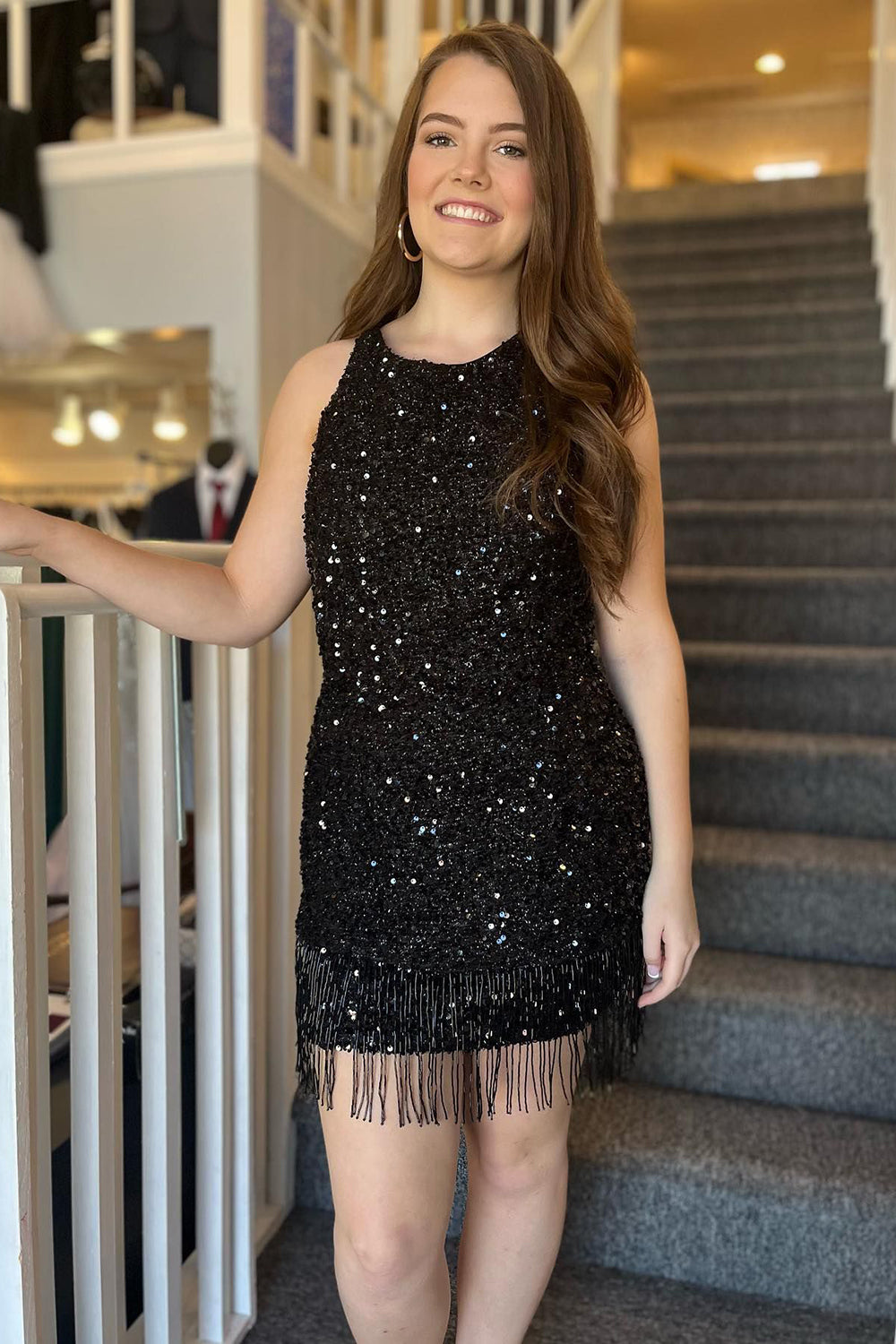 Black Homecoming Dresses Sequined Tight Short Cocktail Dresses with Fringes
