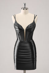 Black Homecoming Dresses Spaghetti Straps Tight Corset Prom Dress with Sequin
