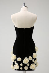 Black Homecoming Dresses Strapless Bodycon Short Cocktail Dresses with 3D Flowers
