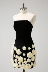 Black Homecoming Dresses Strapless Bodycon Short Cocktail Dresses with 3D Flowers
