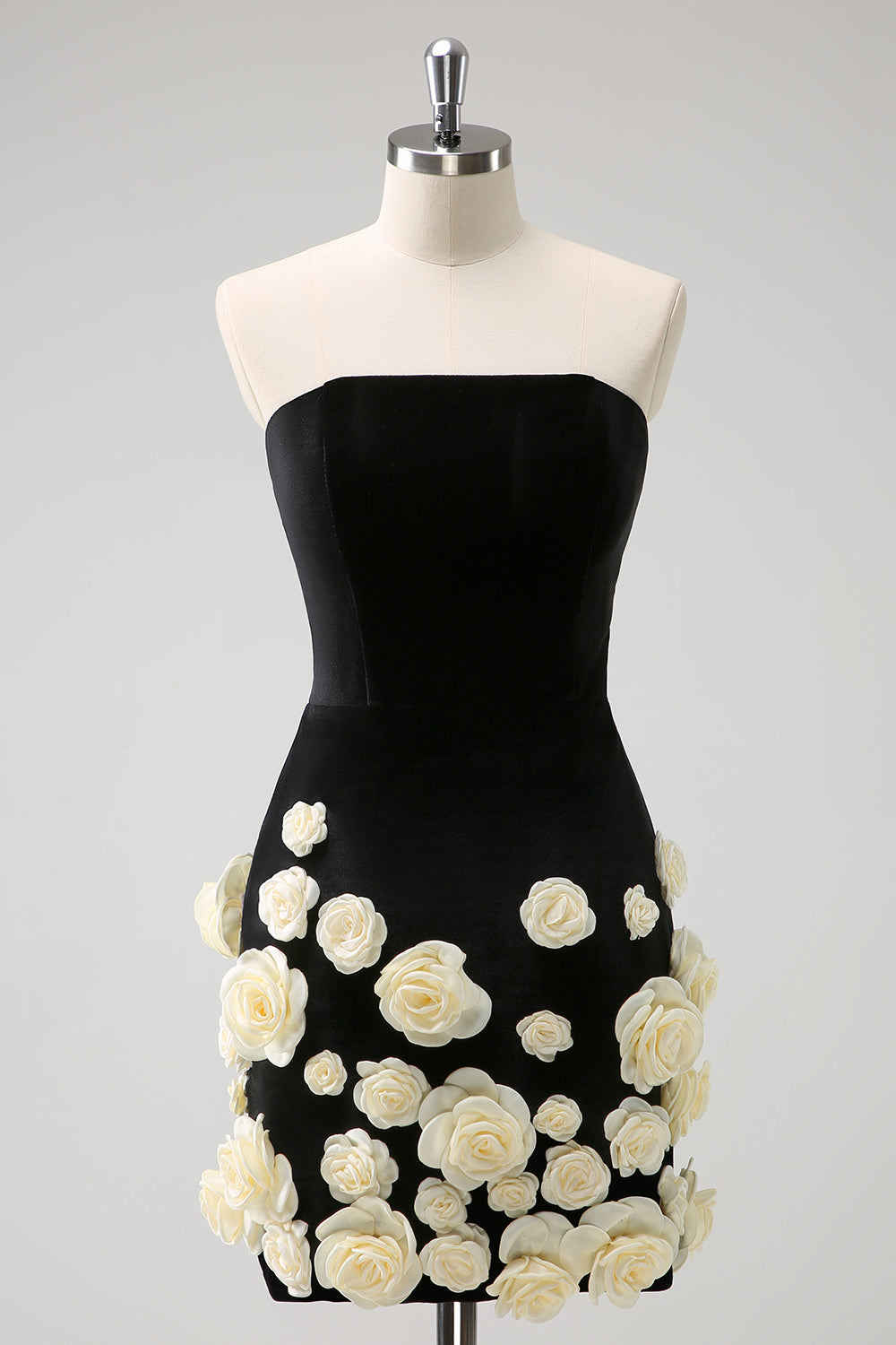 Black Homecoming Dresses Strapless Bodycon Short Cocktail Dresses with 3D Flowers