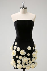 Black Homecoming Dresses Strapless Bodycon Short Cocktail Dresses with 3D Flowers