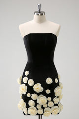 Black Homecoming Dresses Strapless Bodycon Short Cocktail Dresses with 3D Flowers