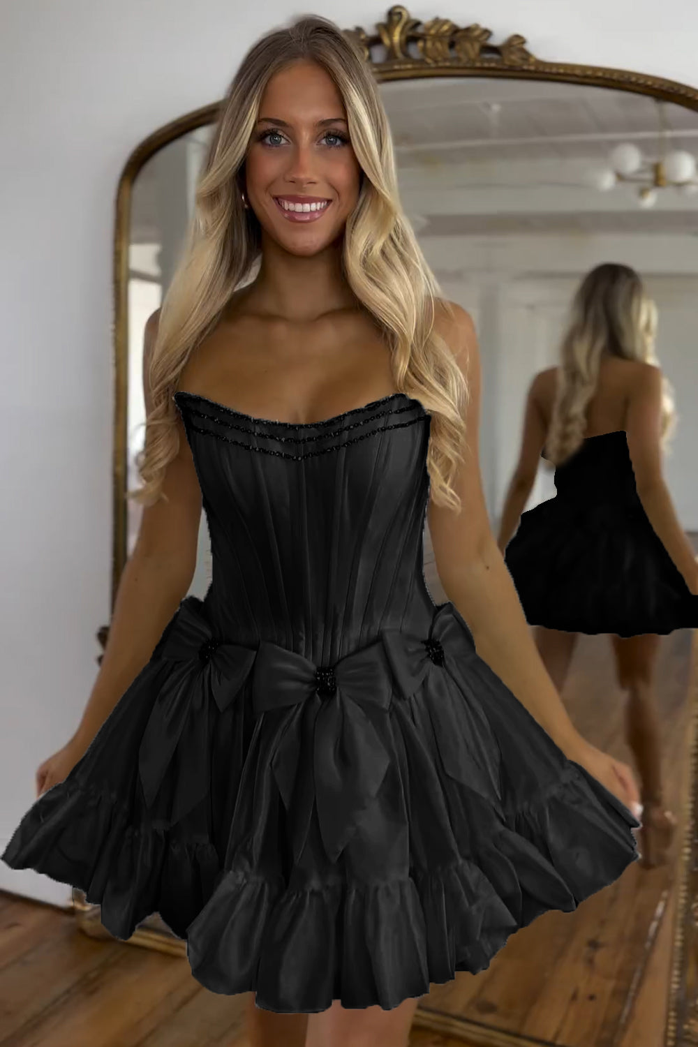 Black Homecoming Dresses Strapless Corset Short Cocktail Dresses With Bow