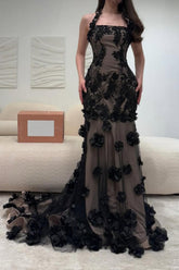 Black Illusion Floral Halter Mermaid Prom Dress With 3D Appliques Formal Evening Gown