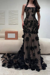 Black Illusion Floral Halter Mermaid Prom Dress With 3D Appliques Formal Evening Gown
