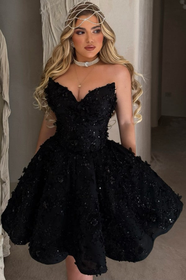 Black Lace A Line Homecoming Dress with Sweetheart Neckline and 3D Flowers