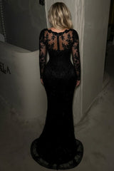 Black Lace Mermaid Prom Dress with Long Sleeves and Illusion Neckline